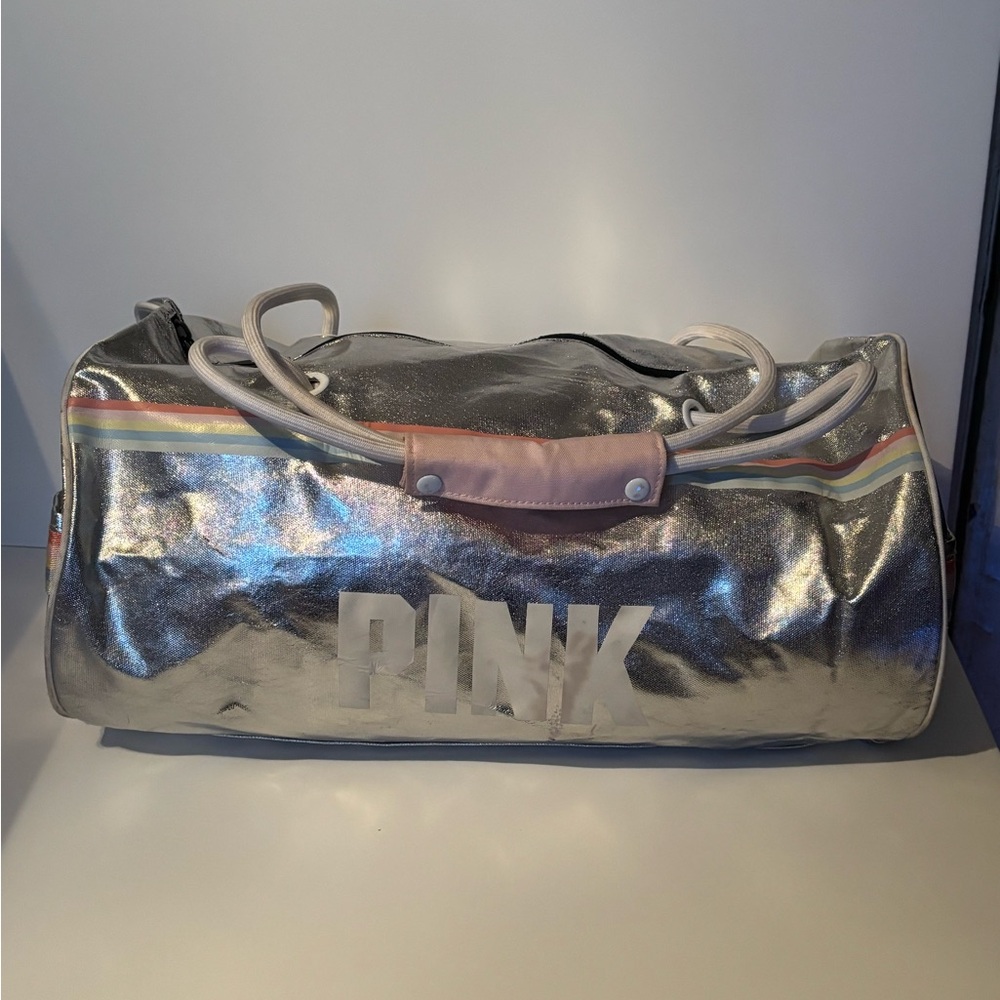 Victoria’s Secret PINK Metallic Silver Duffle Bag Rainbow Stripe Gym Weekender